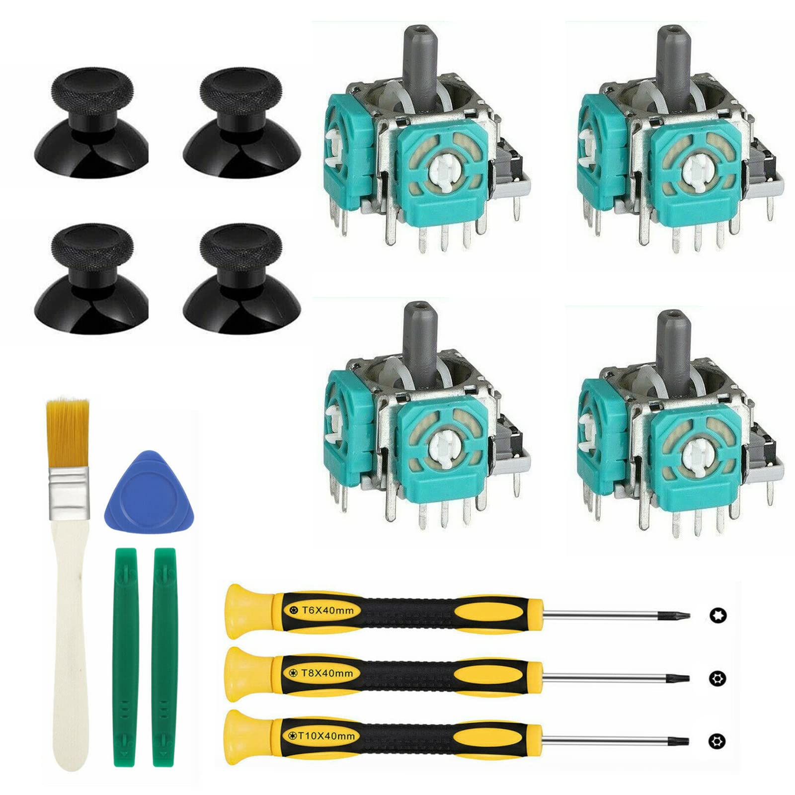 Replacement Thumbsticks for Xbox One S/X Controller, 4pcs 3D Joystick Parts Analog Caps with Repair Tools Kit, T6 T8 T10 Screwdriver Compatible with Xbox One S/X Controller