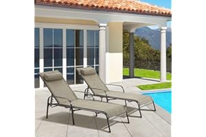 EROMMY Outdoor Chaise Lounge Chair Set of 2 with Adjustable Backrest, All-Weather Textiline Recliner Chairs & Ergonomic Armrest, for Outside Patio Beach, Yard and Pool(Brown)