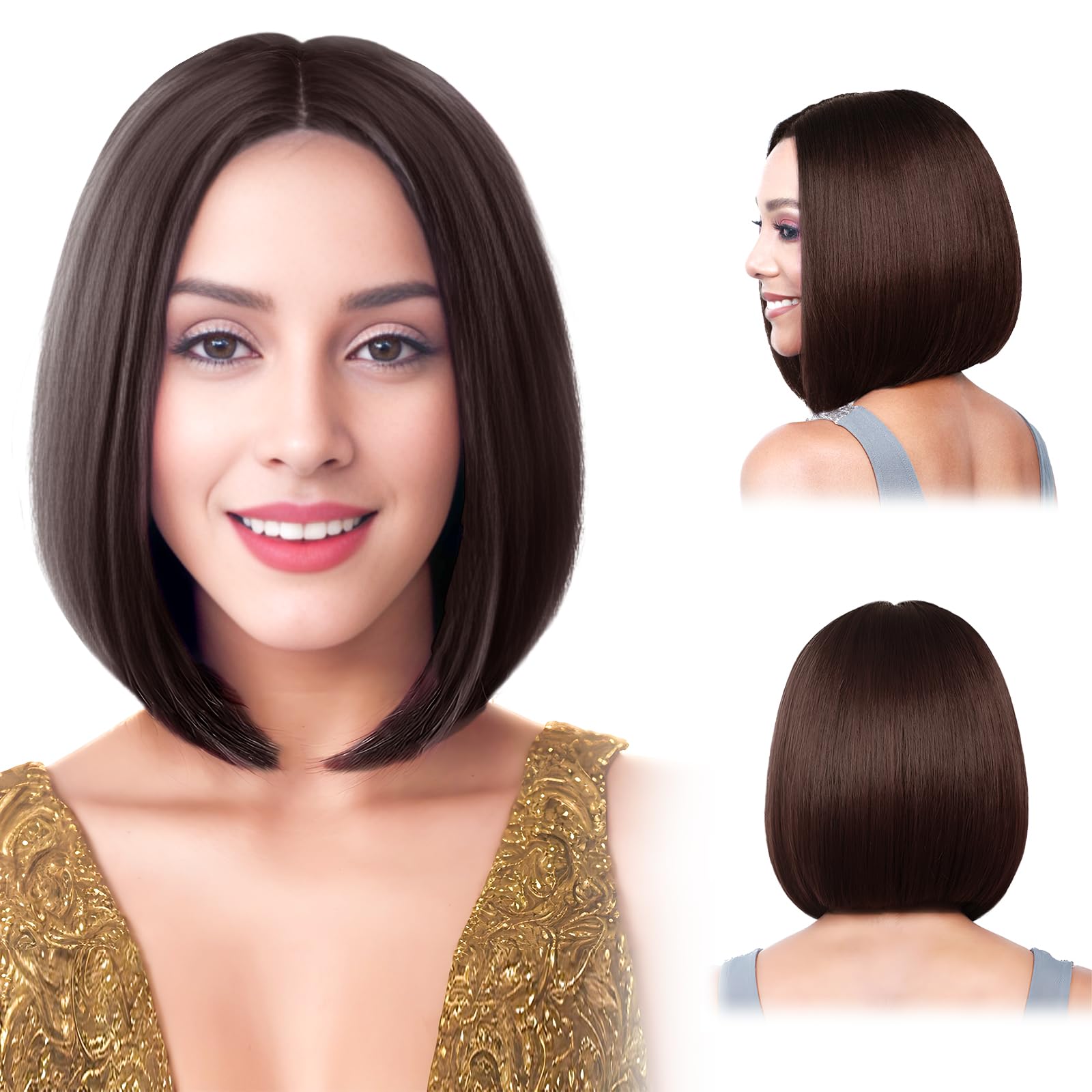 UICCVOKK Dark Brown Wig Short Bob Wigs Middle Part Bob Wigs Heat Resistant Synthetic Fiber Dark Brown Straight Wig for Women Girls Daily Halloween Christmas Parties Cosplay