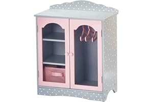 Olivia's Little World Polka Dot Princess Wooden Shaker-Style Double Closet for 18" Doll Wardrobes with Windowed Doors, Three Shelves, Hanging Space with Hangers, Gray/Pink