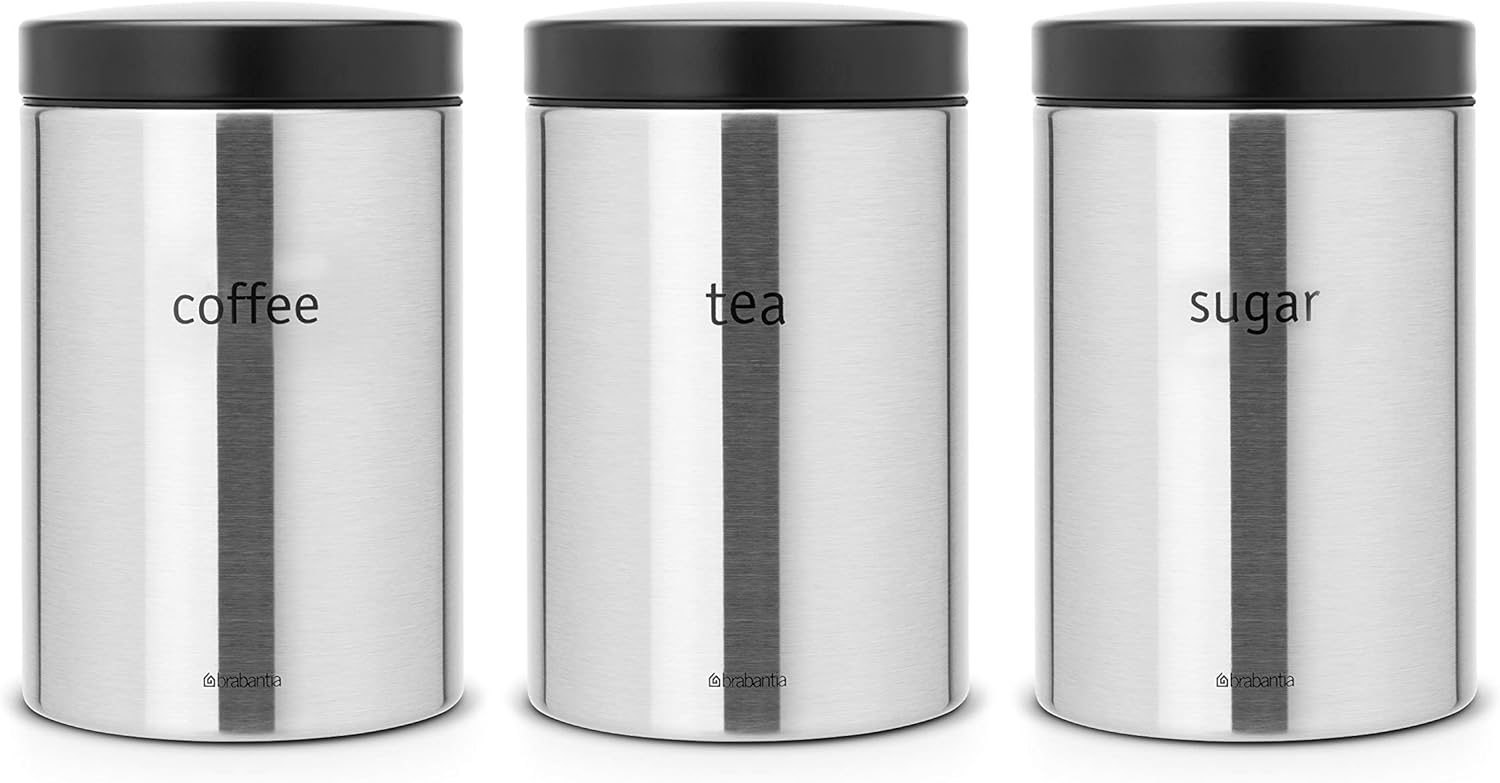 Brabantia Tea, Coffee and Sugar Canisters, Black Lid, 1.4 L Brilliant