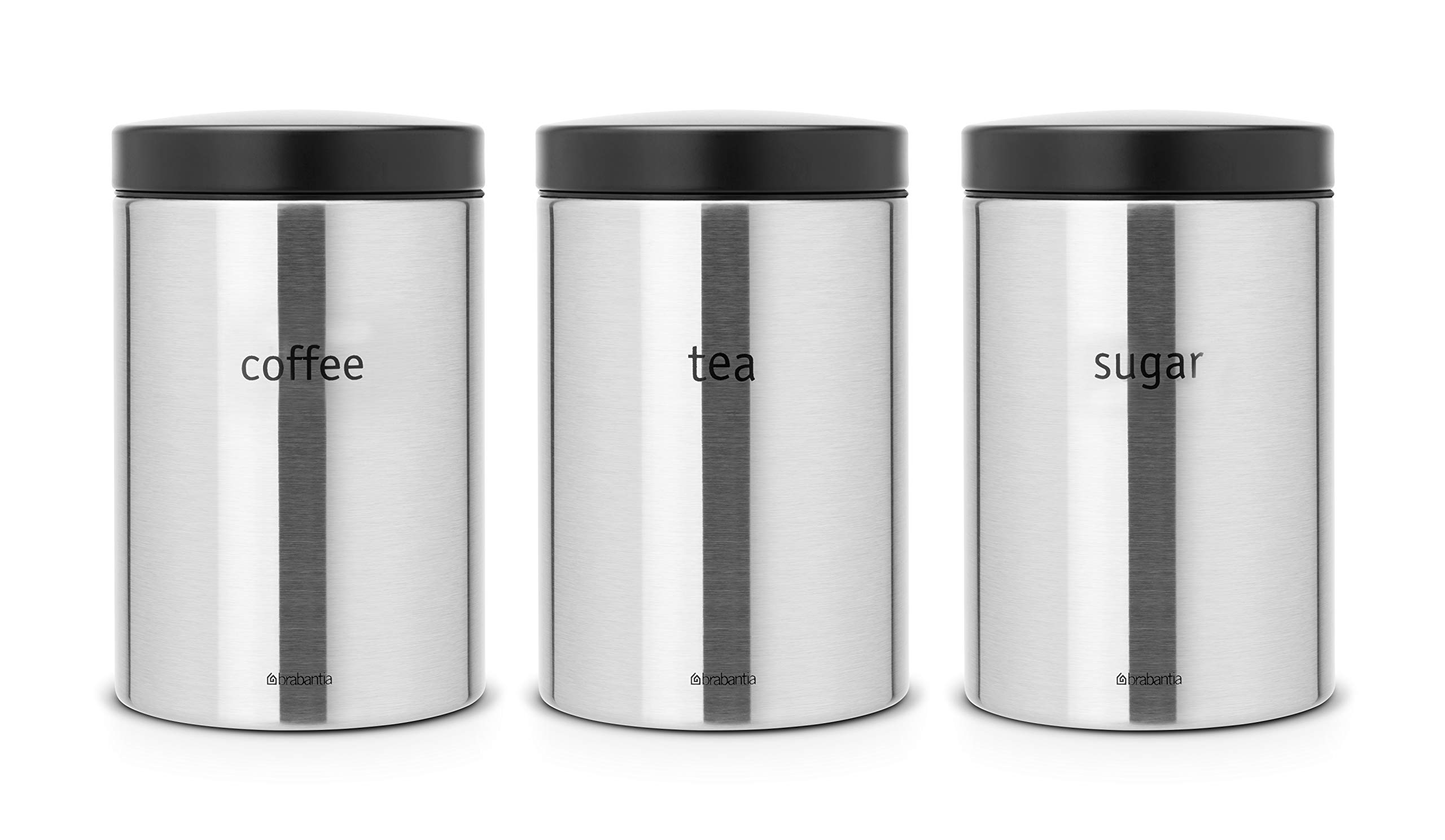 Buy Brabantia Tea, Coffee and Sugar Canisters, Black Lid, 1.4 L Brilliant Steel, 3 Pieces