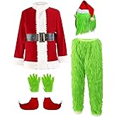 Varuotu 7PCS Adults Christmas Green Big Monster Costume Santa Furry Christmas Monster Costume Deluxe Outfit