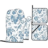 Blue White Flowers Birds Oven Mitts and Pot Holders Sets of 4, Country Farmhouse Oven Mitts Non-Slip Heat Resistant Cooking Gloves for Kitchen Baking Grilling BBQ