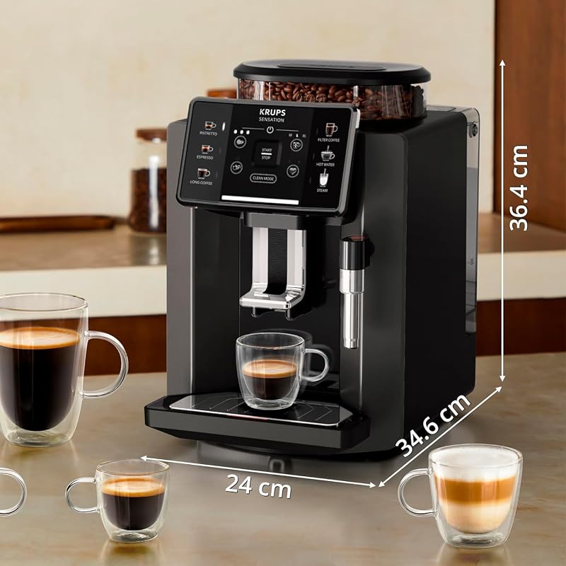 Cafeteira automática krups sensation c50 - potência 1450w, fácil utilização, 5 tipos de bebidas, 15 barras, fácil manutenção, alertas luminosos, fácil limpeza, configurações personalizadas, bocal de vapor, ea9108