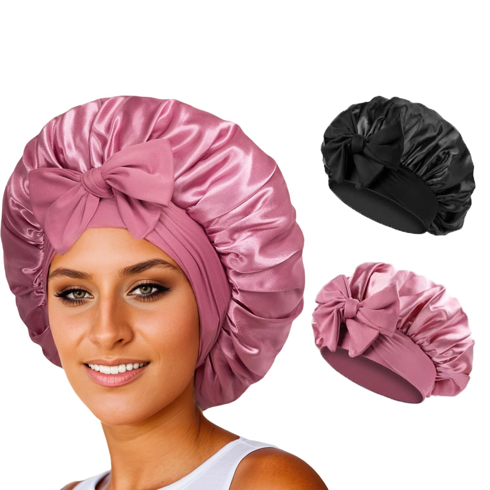 Luoqun88 Silk Sleep Bonnets for Women, 2PC Adjustable Satin Night Sleeping Cap Soft Elastic Band Silk Bonnets for Sleeping, Hair Bonnet with Tie Band for Curly Hair Braid Women (Black+Bean Paste)