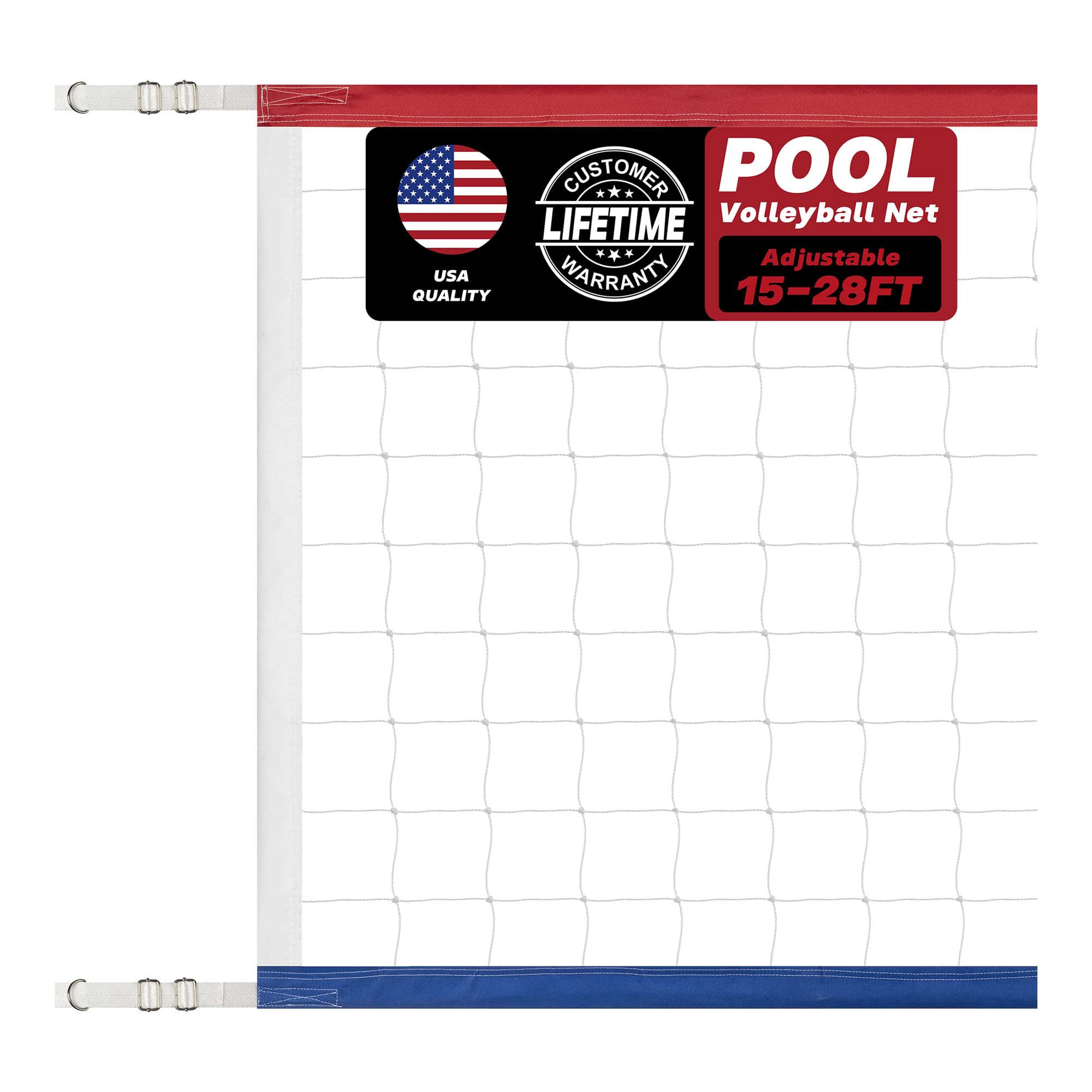Photo 1 of YUXUXU Upgraded Swimming Pool Volleyball Net Replacement, Extended 15FT-28FT Adjustable, Enhanced All Weather with Waterproof, Extra Thick Borders and Nylon Straps-15x3FT, Red White Blue (Net Only)