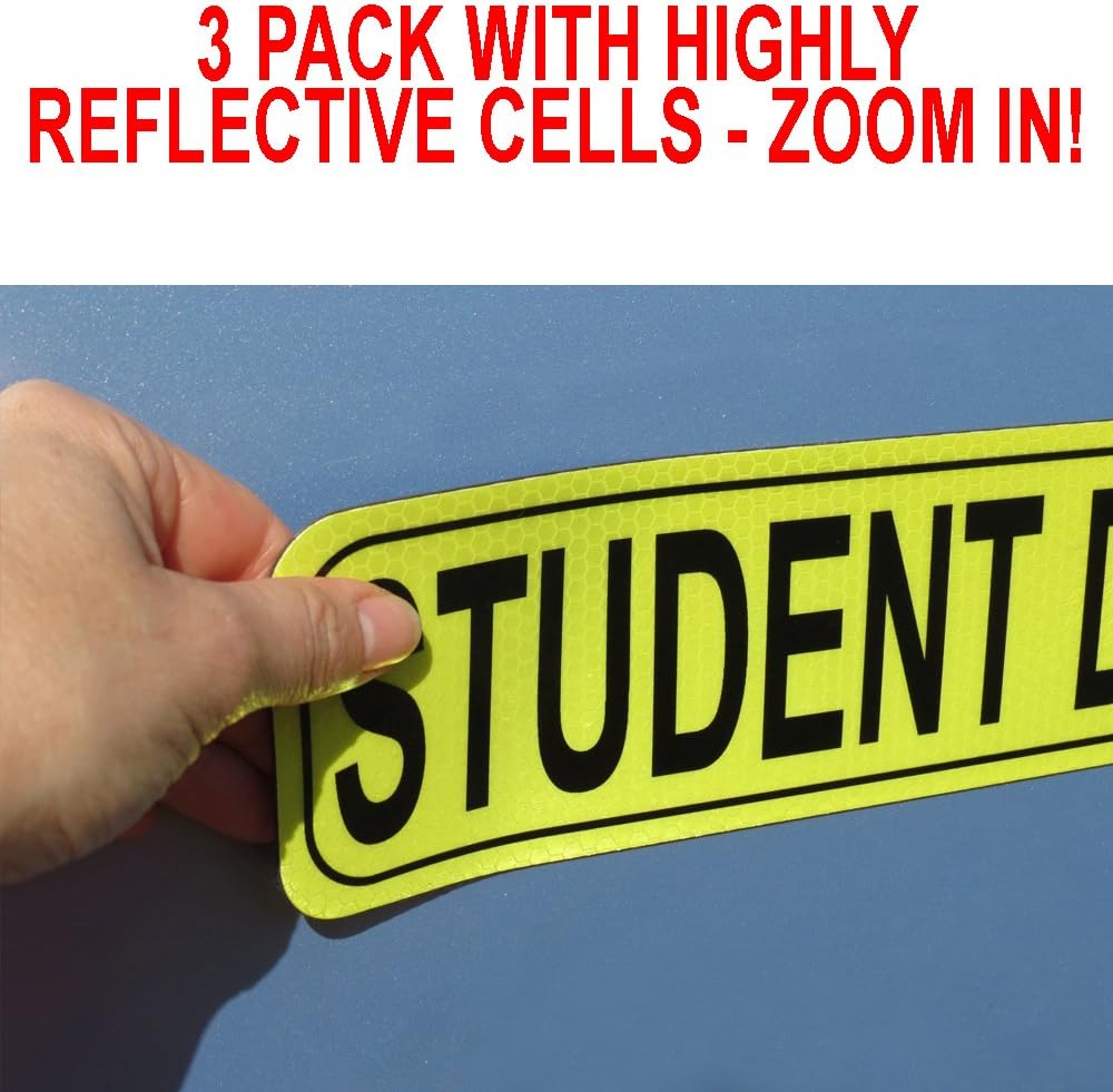LARGER 12.5" by 3", EXCLUSIVE REFLECTIVE CELLS - ZOOM IN TO SEE FOR YOURSELF! MAGNET SET, Won't Fall at Highway Speeds, “STUDENT DRIVER” Car Sign, 3 Pack - Golden Spearhead