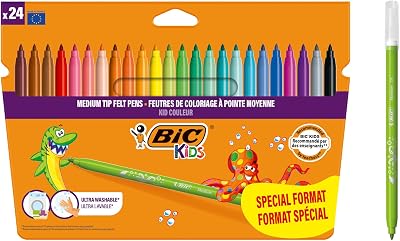 BIC Kids, Kid Couleur, Marcadores Laváveis para Crianças, Ideal para Material Escolar, Ponta Média Resistente, Cores Brilhantes e Intensas, Caixa de 24 unidades