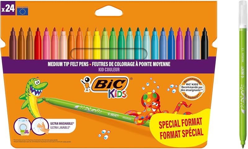 , Kid Couleur, Rotuladores Lavables para Niños,Ideales para Material Escolar, Punta Media Resistente, Colores Brillantes e intensos, Caja de 24 uds
