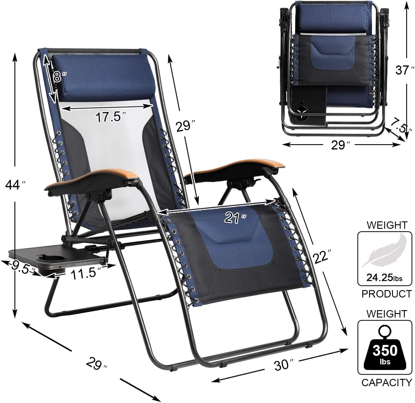 PORTAL Oversized Mesh Back Zero Gravity Recliner Chair, XL Padded Seat Adjustable Patio Lounge Chair with Lumbar Support Pillow and Side Table Support 350lbs (Dark Blue) : Garden & Outdoor