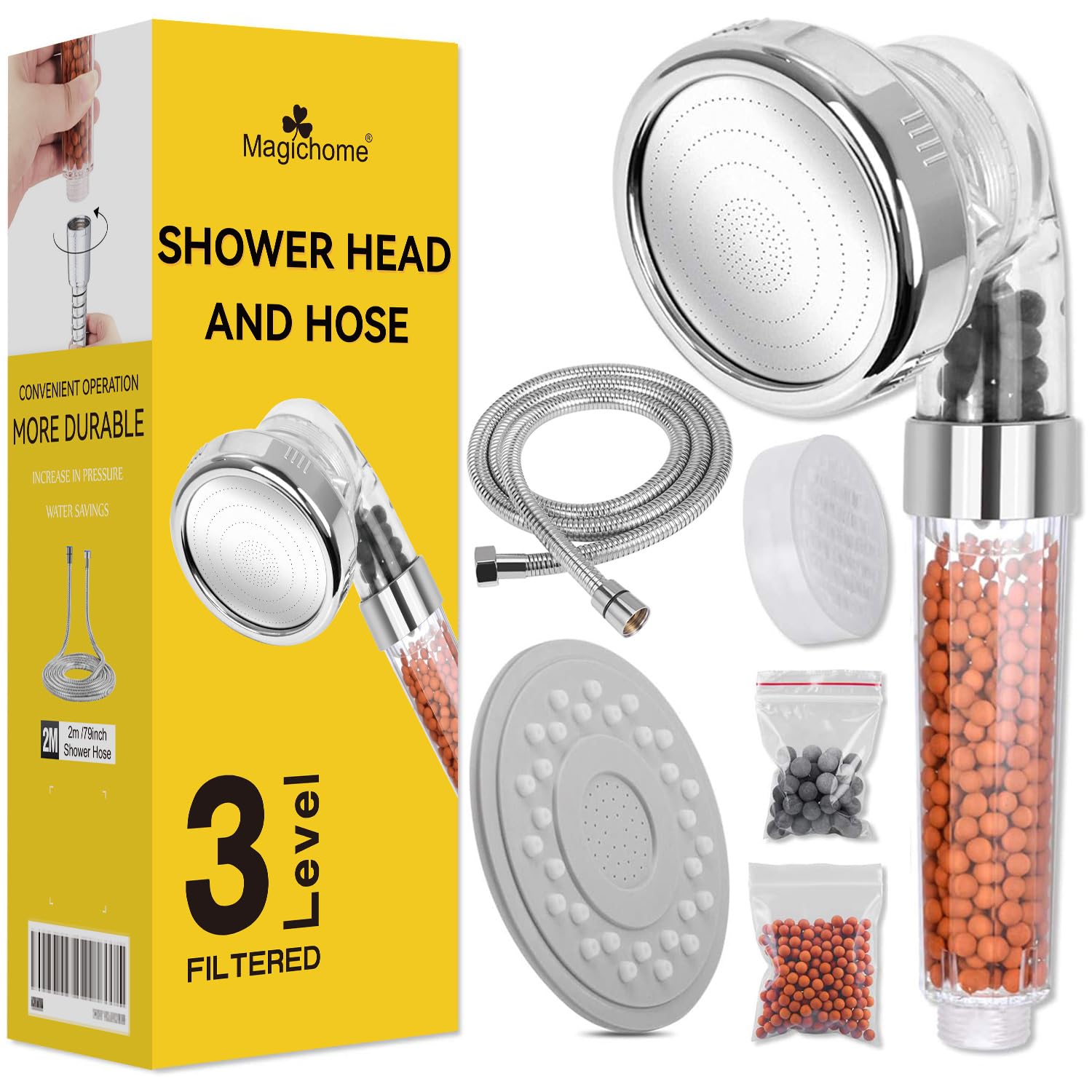 Magichome Shower Head and Hose 2m, 3 Modes High Pressure Filter Shower Head with 3-Layer Filtration, Universal Hard Water Filter Showehead for Low Water Pressure with Replaceable Beads