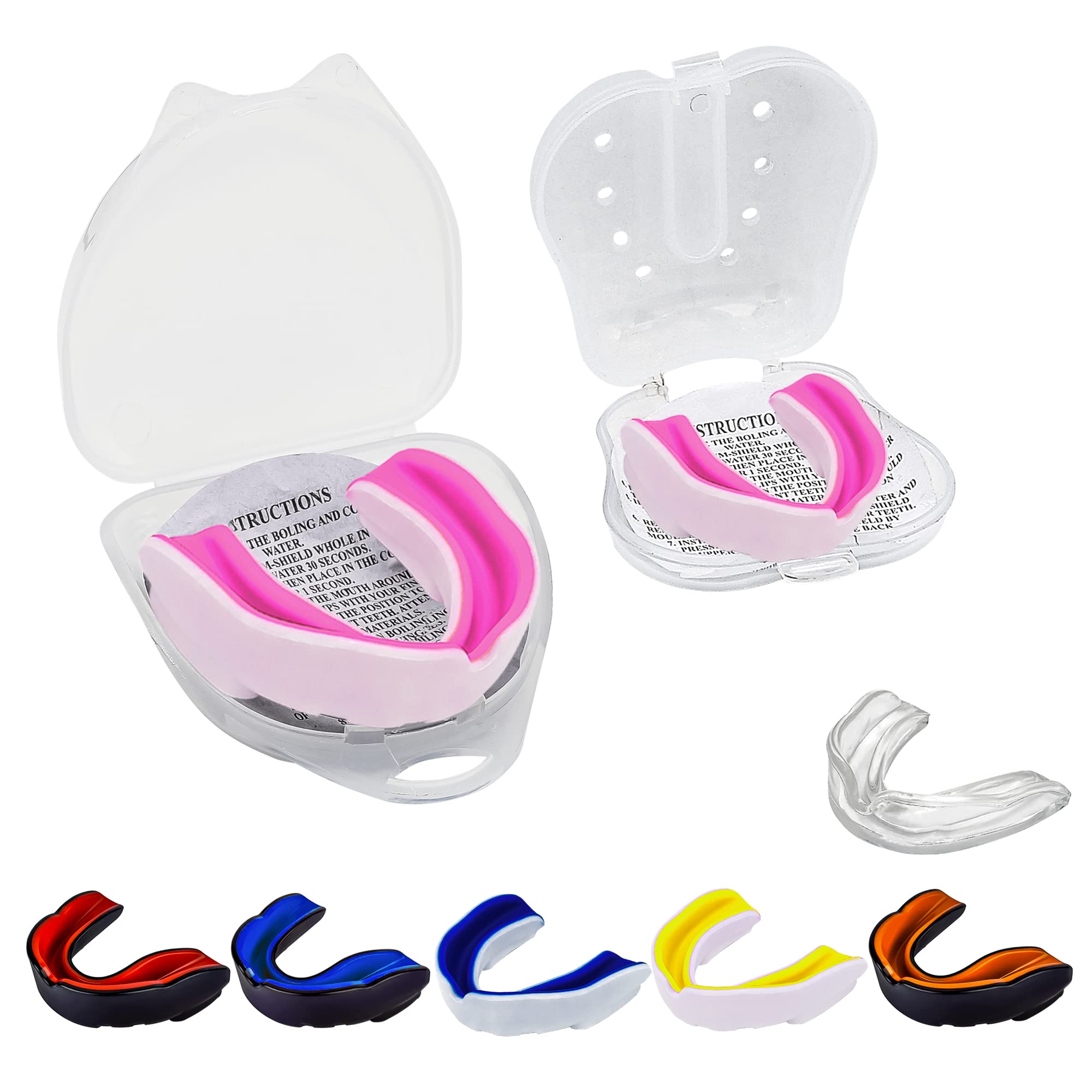 Double Layer Mouth Guard Gum Shield Mouthguard Slim Fit for Adult Senior with Case Great for School Combat Sports Rugby Soccer Hockey MuayThai MMA Boxing Martial Arts Basketball(Snr-White-Pink)