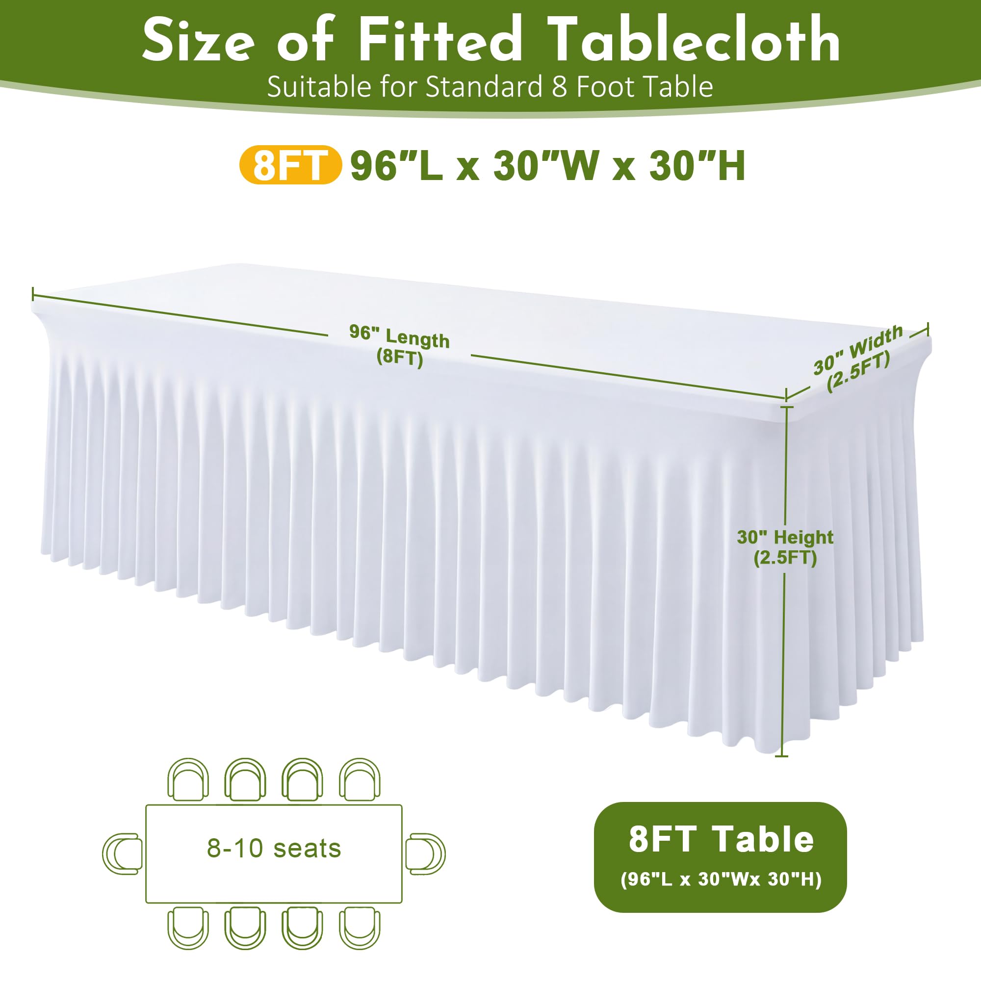Condition photo showing New/Like New for baoszty 2 pack white spandex tablecloth for 8ft rectangle tables, table skirt 30x96 inch stretch tab