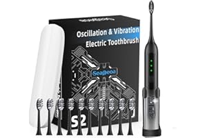 Seapeoa Adult Sonic Electric Toothbrush with 10 Brush Heads, Travel case, and Wall Bracket, Suitable for Both Adults and Children, IPX8 Waterproof, USB Charging, 42000VPM, Black