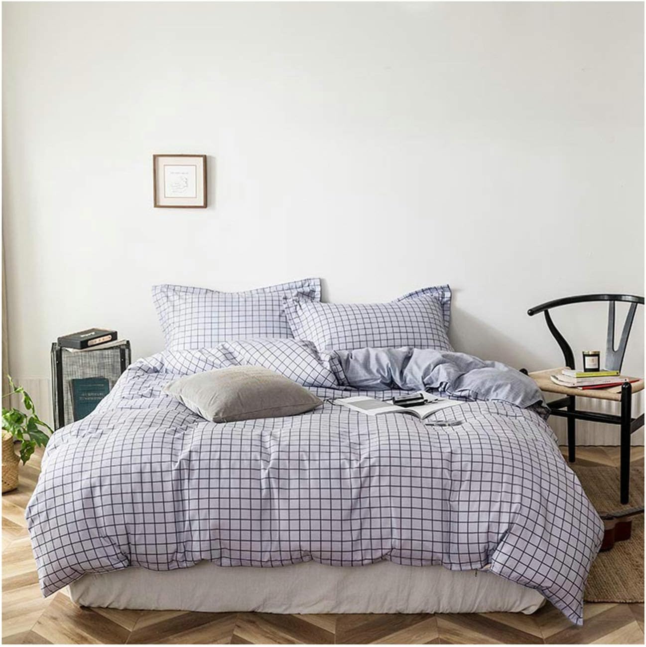 Anazoz 4Piece Bed Set, Grey Lattice Bed Duvet Cover (150 cm Bed) 155 x