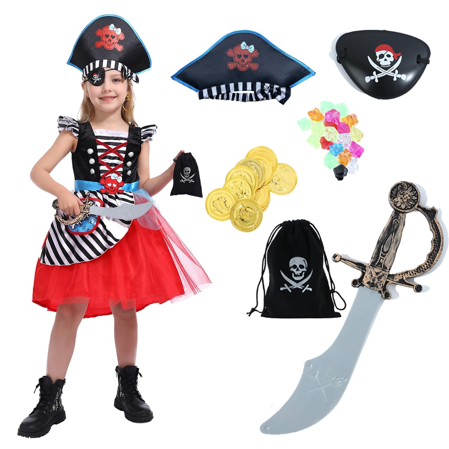 Sincere Party Girls Deluxe Pirate Princess Dress with Hat,Plastic Accessories 7-8years