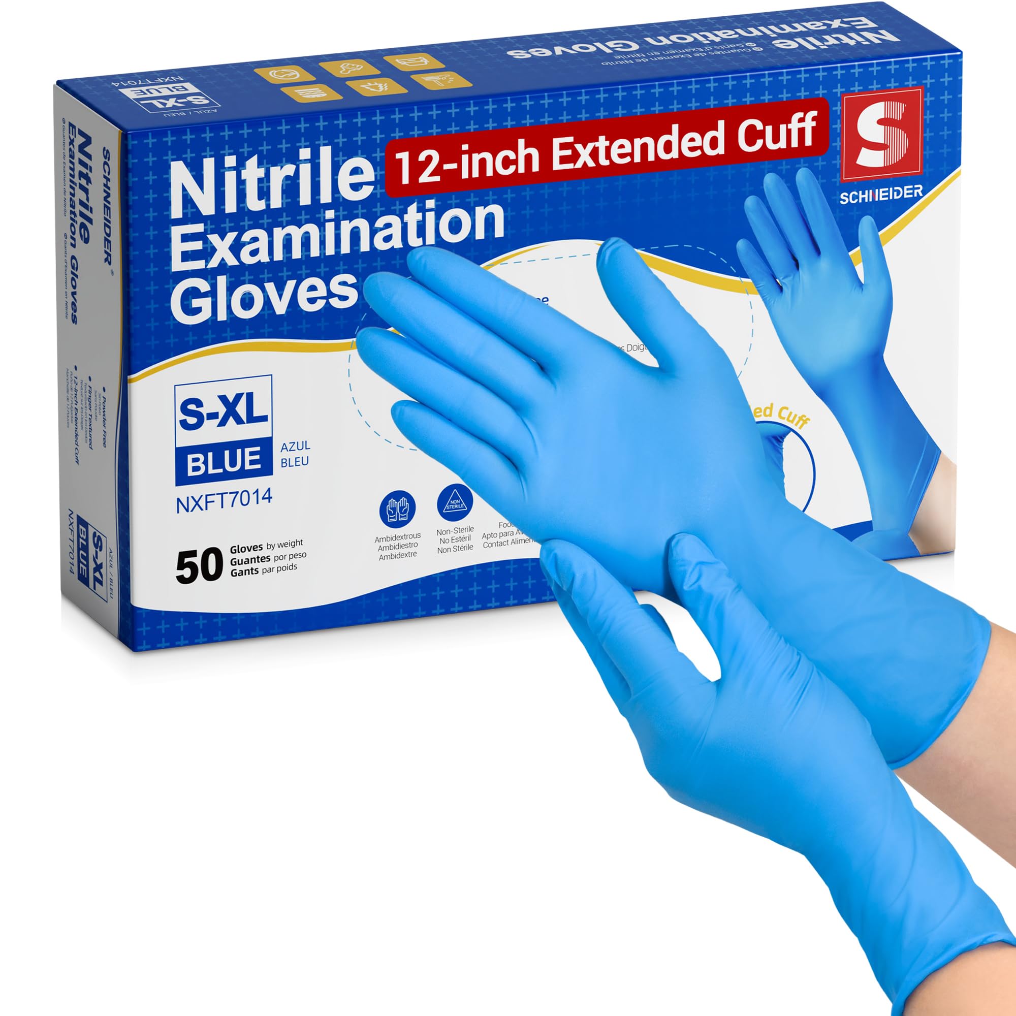 Photo 1 of Schneider Nitrile Exam Gloves, Extended 12 Inches Cuff, X-Large, 50-ct Box, 4 mil, Gloves Disposable Latex Free, Powder Free for Medical, Food Prep, Cleaning, Cooking, Blue