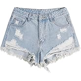 SOLY HUX Women's Ripped Raw Hem Jean Shorts High Waisted Straight Leg Denim Shorts Streetwear