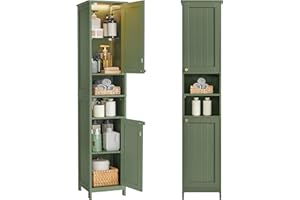 VASAGLE Tall Bathroom Cabinet with Lights, Slim Freestanding Bathroom Storage Cabinet with Adjustable Shelves, for Small Spac