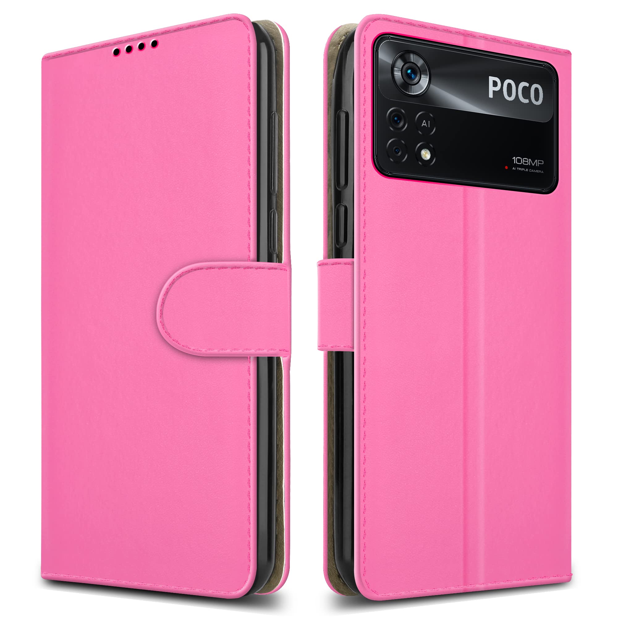 PIXFAB For Xiaomi Poco X4 Pro 5G Leather Phone Case, Magnetic Closure Full Protection Book Folio Design, Wallet Case Cover [Card Slots] and [Kickstand] For Xiaomi Poco X4 Pro 5G - Pink