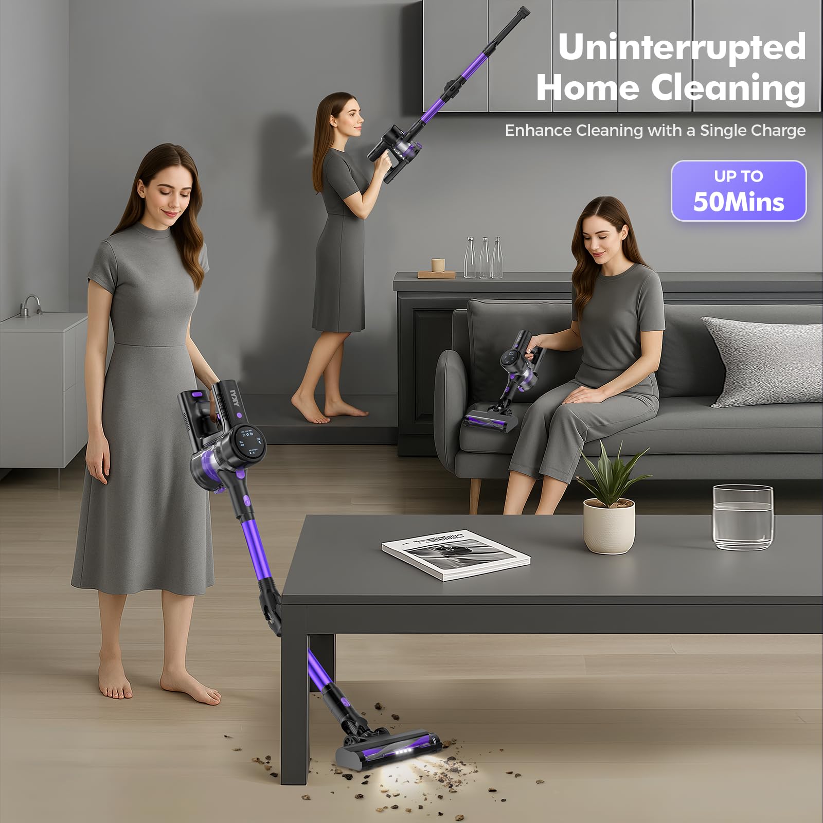 Cordless Vacuum Cleaner, 40KPa/450W/50Mins/3 Modes, Cordless Stick Vacuum with LED Display & Foldable Lightweight Design, Rechargeable Handle Cleaners for Home, Pet Hair, Carpet, Hard Floor(Purple)