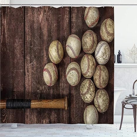 Amazon Kapanou 防水 シャワーカーテン 茶色の背景に野球 かわいいシャワーカーテン ユニットバス バスルーム 芸術の装飾 180cmx180cm バスフック付き 取り付け簡単 シャワーカーテン ホーム キッチン オンライン通販