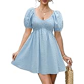 ZTMZA Women's Summer Casual Puff Sleeve Babydoll Dress V Neck Empire Waist Boho Swing Sundresses Beach Mini Dresses
