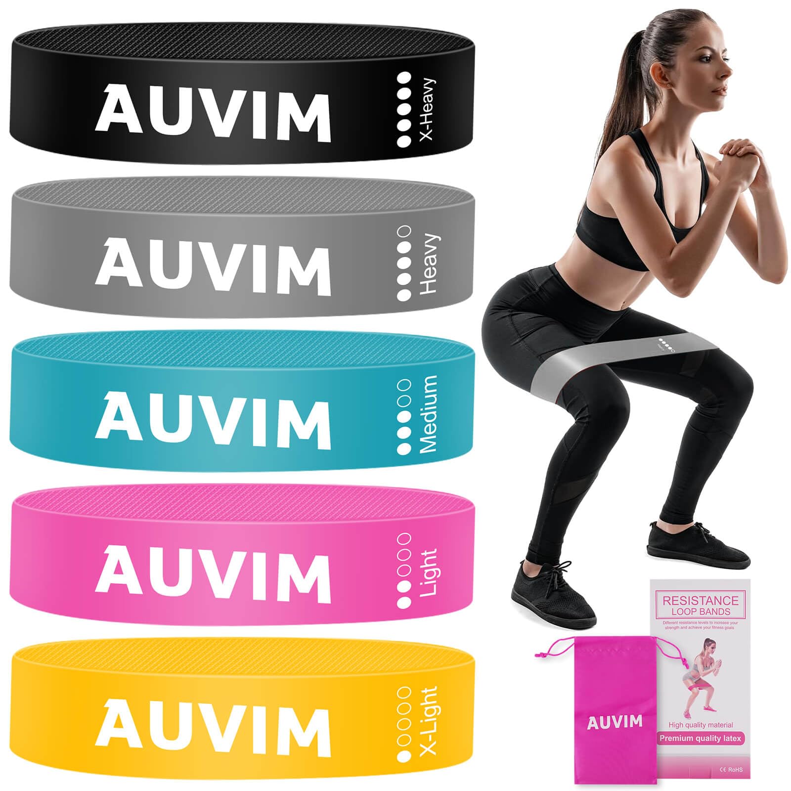 AUVIM Fitness Bands [Set of 5] Non-slip Resistance Bands Loop Exercise Bands for Women & Men 5 Levels Bands for Home Fitness, Stretching, Strength Training, Physical Therapy, Yoga