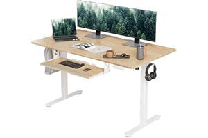 INNOVAR Electric Standing Desk, Solid Wood Adjustable Desk with Keyboard Tray, 55×24 Inch Stand up Home Office Desk with Whole-Piece Board, White Frame/Natural Top