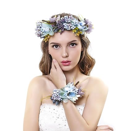 Ever Fairy® Frauen Mädchen Blumen Kranz Krone Haarband Girlande Floral Handgelenk Band Set für Hochzeit