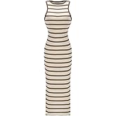 winkbay Women's Summer Striped Midi Dress Elegant Casual Crew Neck Split Hem Bodycon Knit Dresses