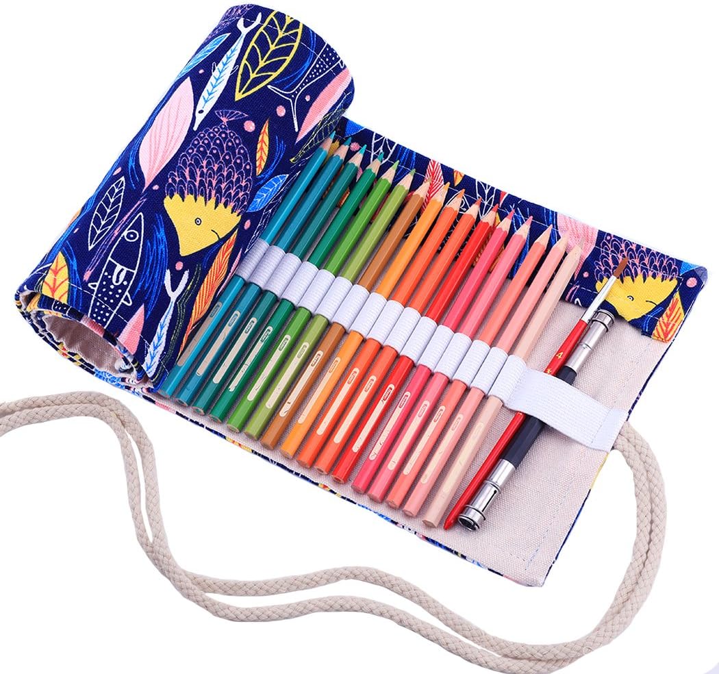 Amoyie Hand Roll Up Pencil Bag for 72 Coloring Pencil, Canvas Pencil Organiser Bag Artist Pen Carrier Bag, Pencil Wrap for Kids, Easy Use (no pencil included), Blue Fish 72