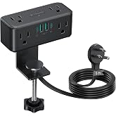 TROND Compact Desk Clamp Power Strip 5 ft, Fit 2.16" Tabletop Edge, Black | Flat Plug Fit Behind Furniture, 6 AC, 2 USB-C (20W), 2 USB-A, 900 J, Space-saving for Small Home Office Dorm Desk Accessories