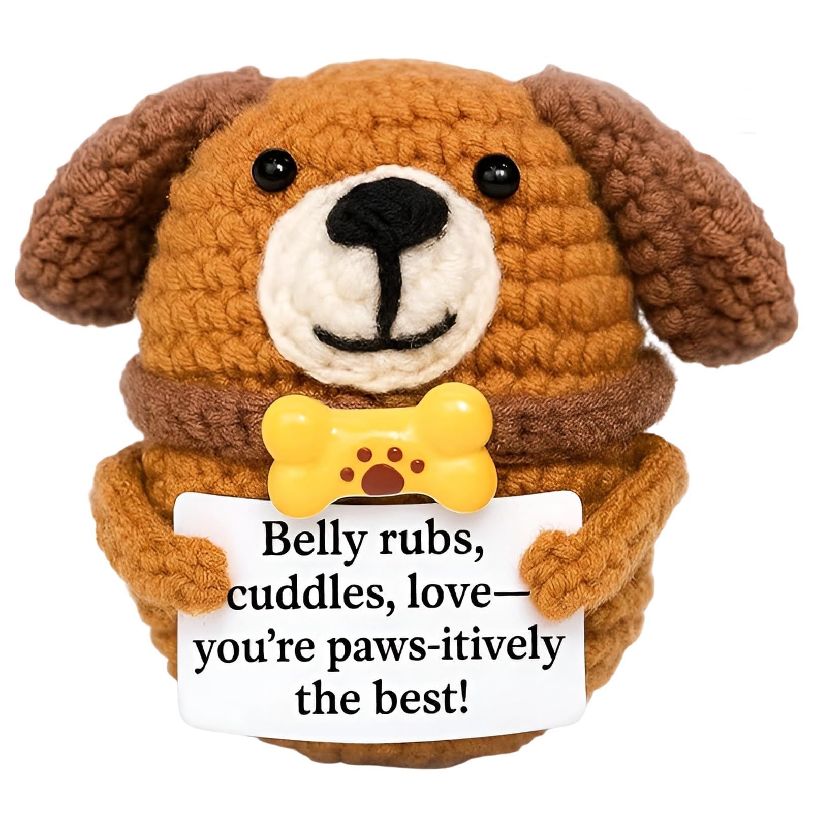 Qubitly Positive Crochet Teckel, Brown Handmade Weiner Dog, Yarn & Cotton Stuffed Animal, Positive Crochet Animals, Emotional Support Dog, Dachshund Gifts (Positive Puppy)