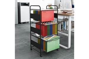 PUNCIA 2-Tier Metal File Cart with Wheels Pull-Out Rolling Folder Organizer – Mobile Hanging File Cabinet for Letter Document