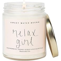 Sweet Water Decor, Relax Girl, Peppermint, Cedar, Clove, and Eucalyptus Scented Soy Wax Candle for Home | 9oz Clear Jar, 40 H