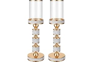 DOUNX Pillar Candle Holder with Wind Proof，Metal Hurricane Holders, Crystal Candle Holders for Table Centerpieces, Home Decor, Wedding, Dining Table (2, Gold, Large)