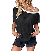 Hilinker Women's Sheer Off The Shoulder Tops See Through Sexy Short Sleeve Mesh Shirt Summer