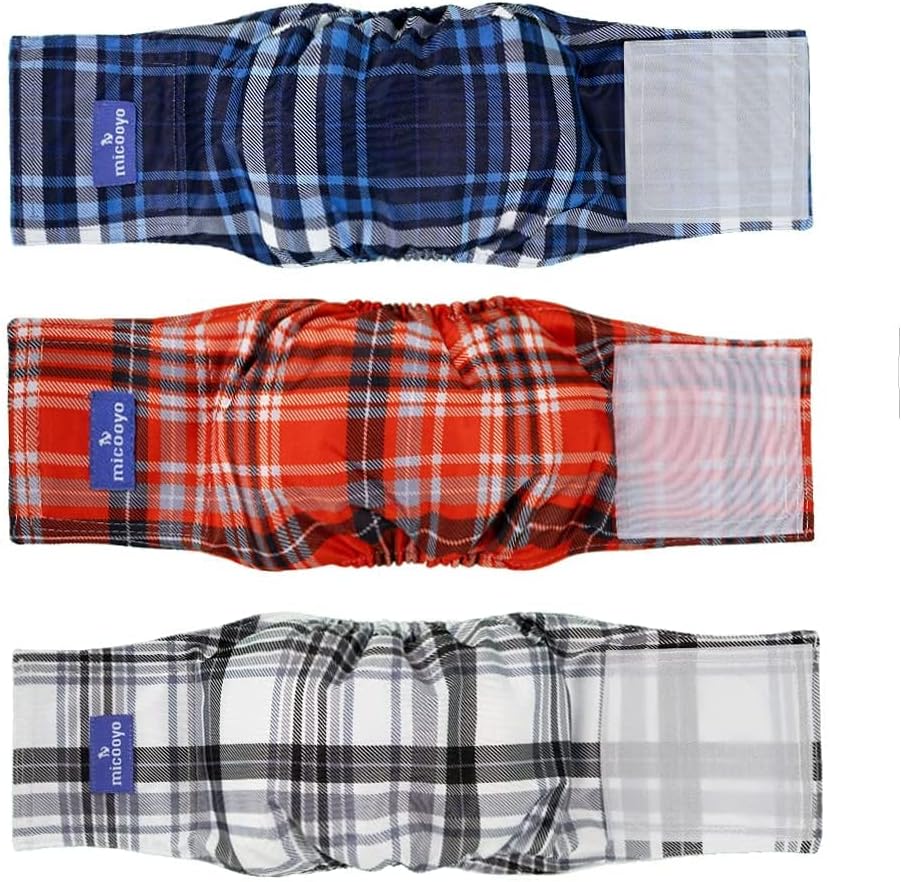MICOOYO Belly Bands for Dogs Reusable Male 3 Pack Plaid Size S