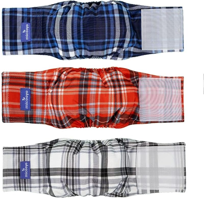 MICOOYO Belly Bands for Dogs Reusable Male 3 Pack Plaid Size S