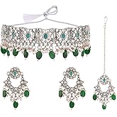 Efulgenz Indian Oxidized Jewelry Indian Jewelry Sets for Women Antique Boho Faux Kundan Pearl Crystal Stone Necklace Maangtikka with Dangle Round Earrings Bohemian Jewelry Set