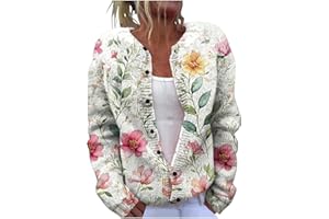 Womens Cardigan Sweater Button Down Long Sleeve Chunky Knit Jacket Fall Winter Open Front Floral Print Cardigans Coat
