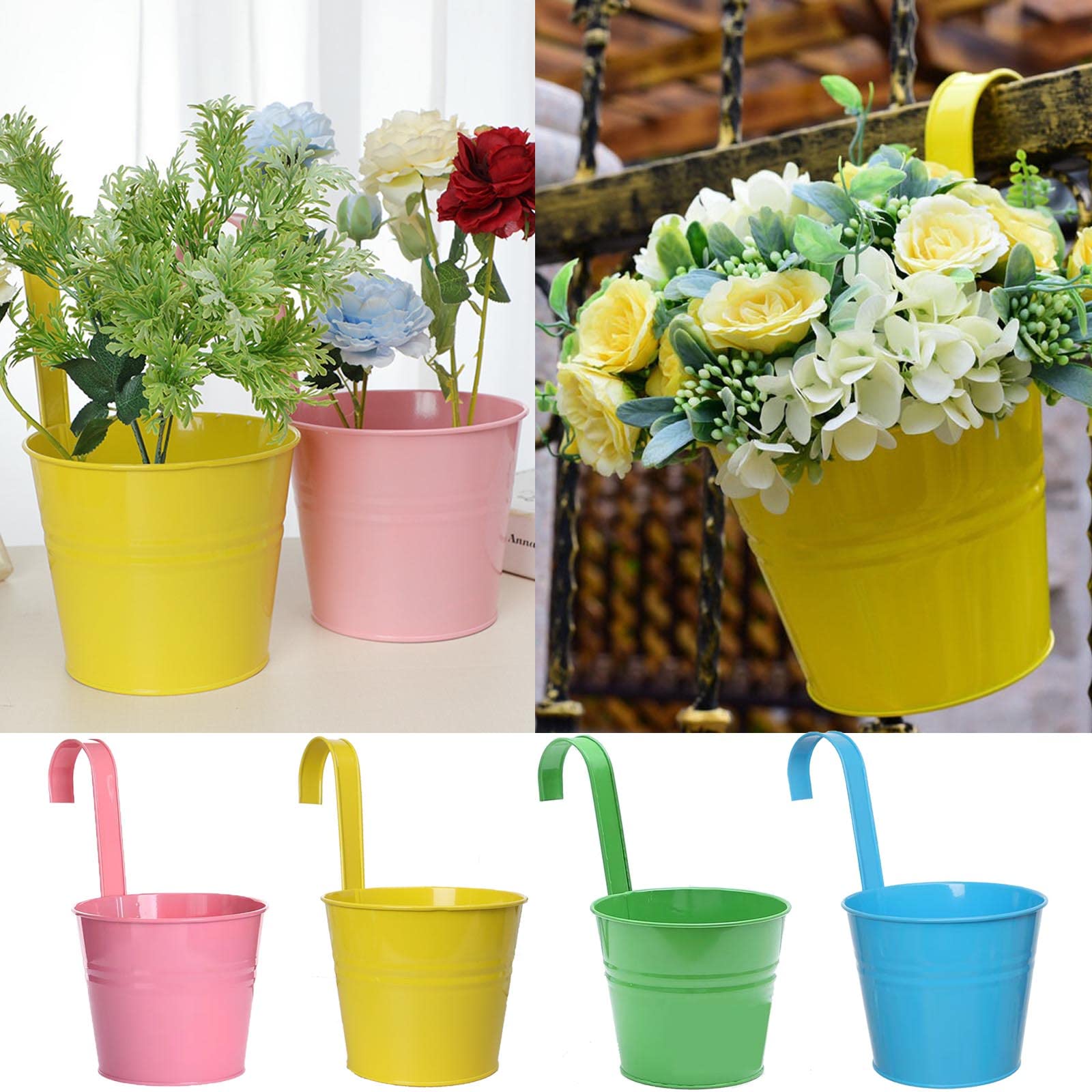 Puedno Garden Pots Hanging Buckets, 4PCS Metal Flower Hanging Plant Pots Mini Hanging Baskets Bucket with Detachable Handle for Seedlings Fence Balcony Outdoor Wall Decor