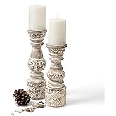 Kurrajong Farmhouse Candle Holders - Boho Set of 2 Tall Candle Stands | Decorative Wood 10" and 12" high | White Washed Candle Holders for Pillar Candles