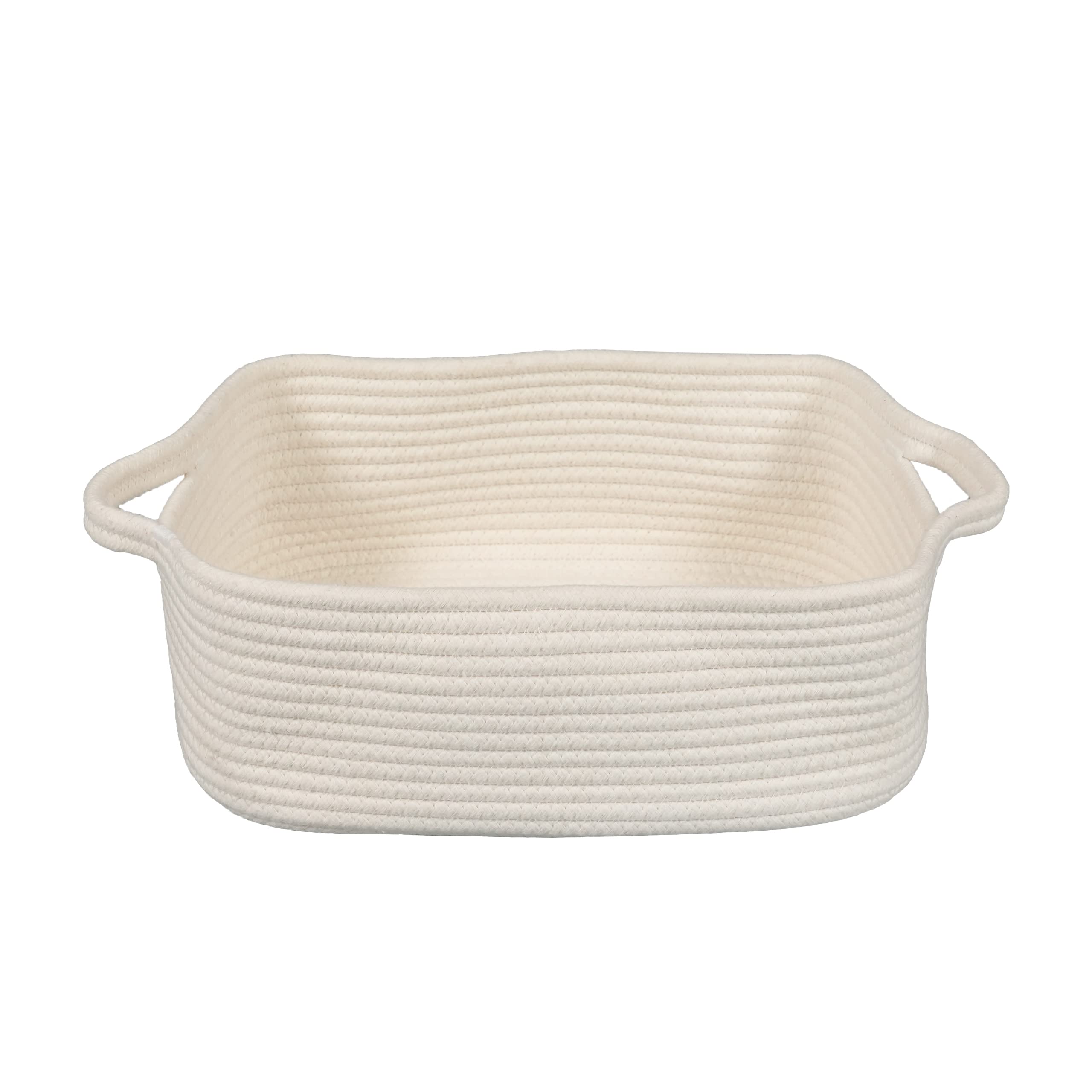 Photo 1 of XUANGUO Woven Cotton Rope Storage Basket with Handles for Organizing Shelves Closet Small Cat Dog Pet Toy Baskets Box Bin Decorative Rectangle Baby Nursery basket Gift basket Empty(white)