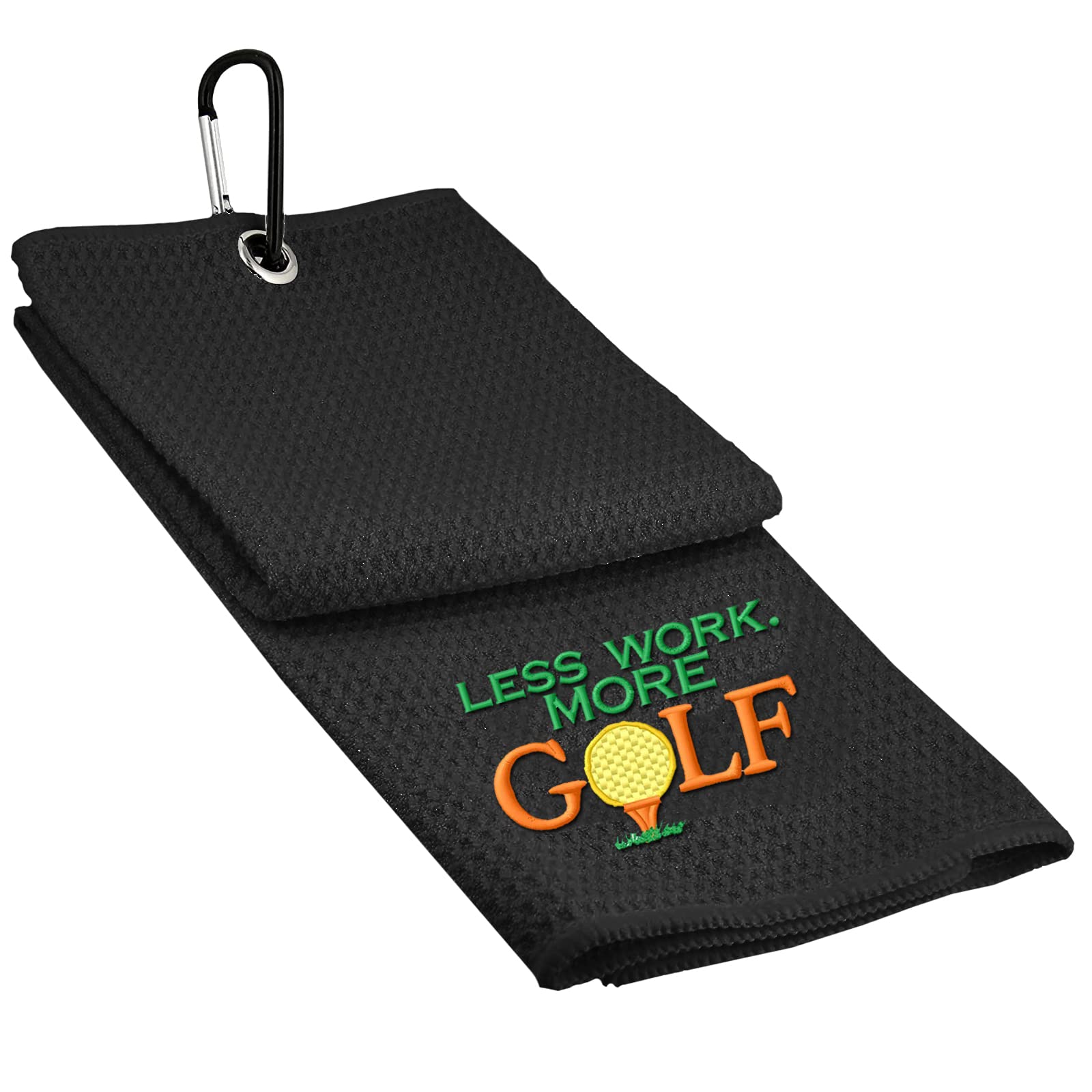 FINGER TEN Golf Towels for Golf Bags with Clip for Men Women Tri-fold 60cm x 40cm, Golf Towel Funny Microfiber for Club Groove Cleaner (Less Work More Golf)
