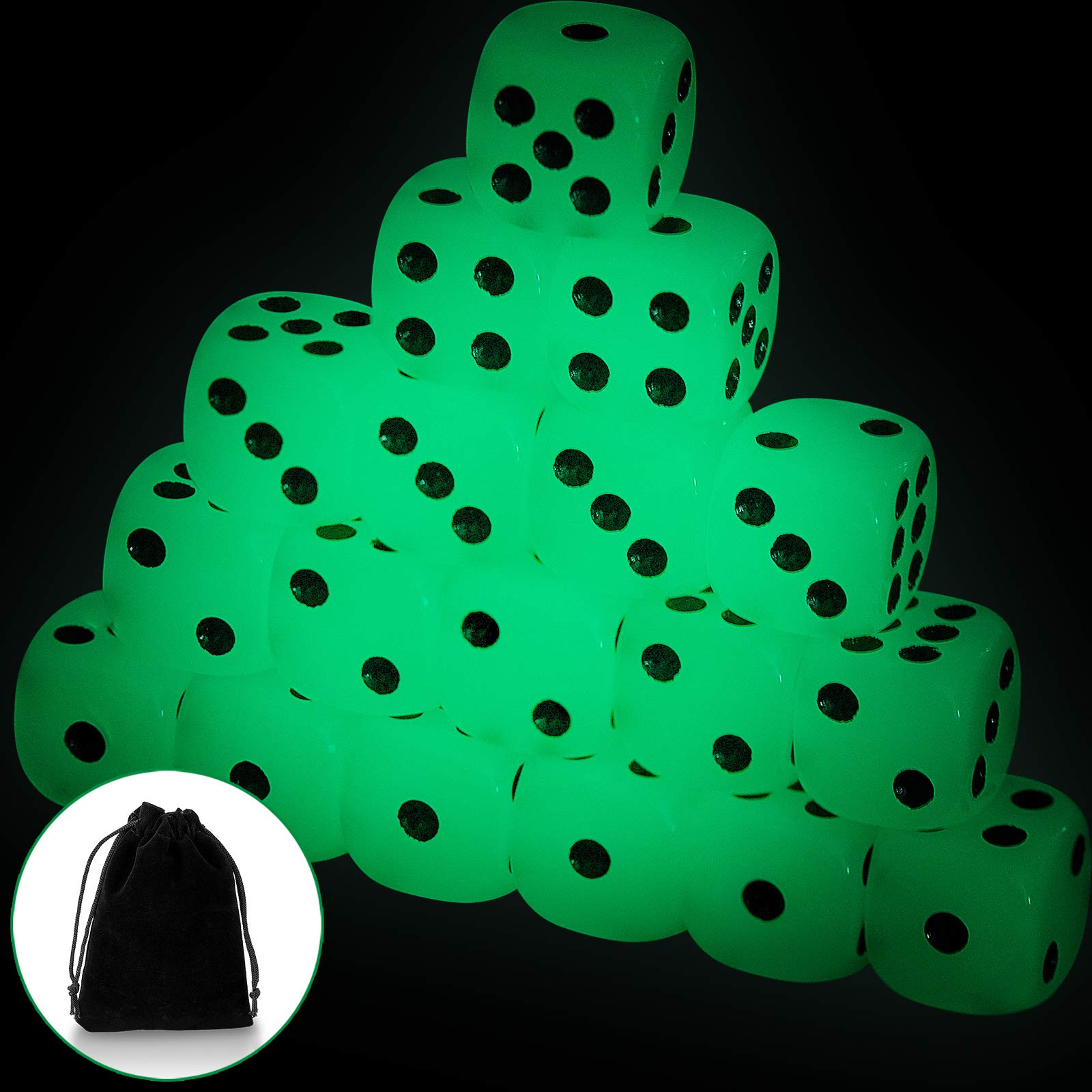 Photo 1 of 18 Luminous Dice with Black Velvet Pouches - 6 Sided Glow in The Dark Dice for Board Games, Casino, Party Favors