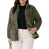 CARCOS Plus Size Fuzzy Jacket for Women Full Zip Up Fleece Coat Long Sleeve Fall Winter Sherpa Outerwear with Pockets