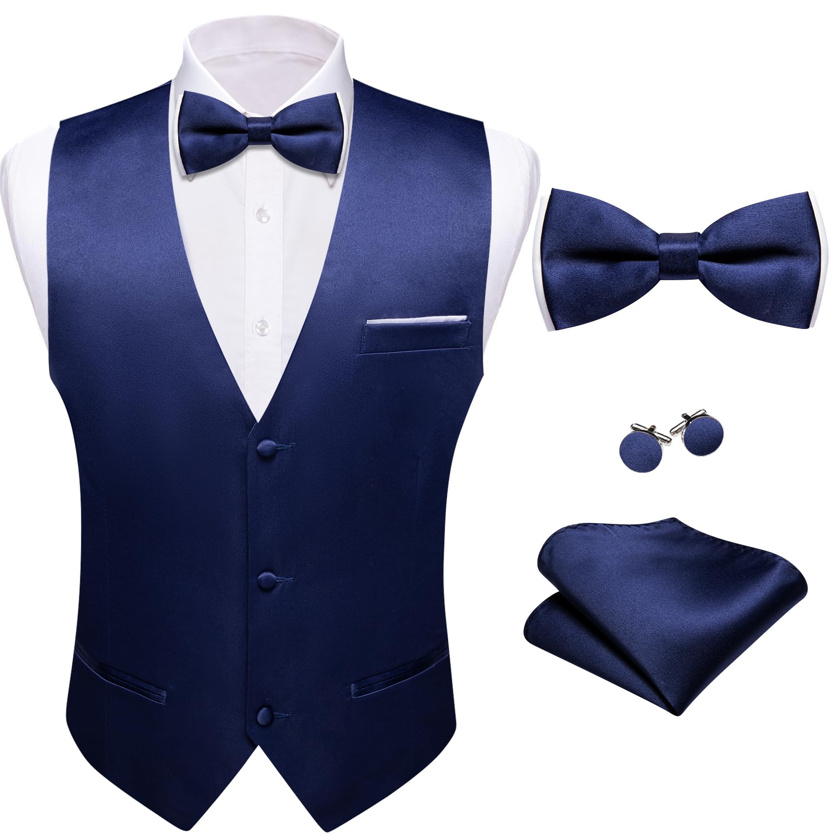Barry.Wang Mens Dark Blue Suit Vest Bow Tie Set